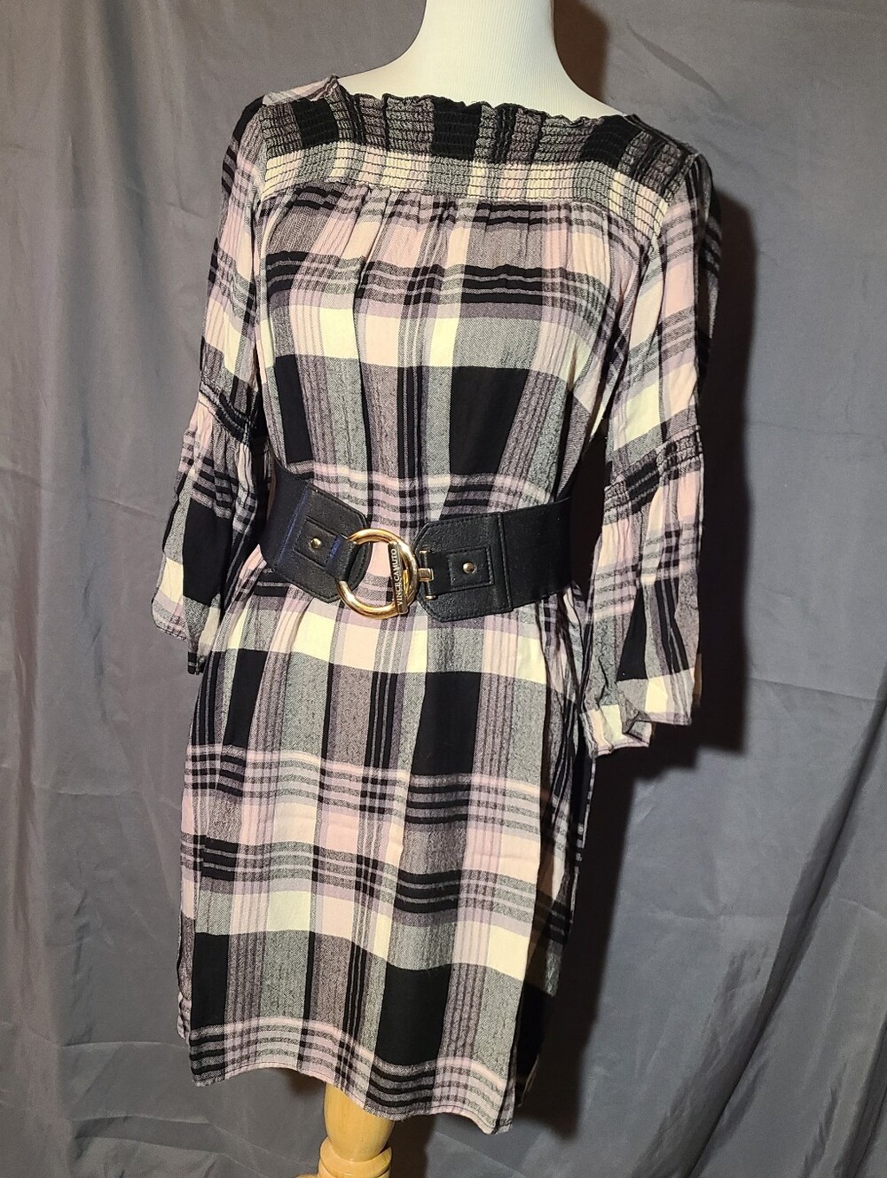 Plaid Smocked-Neck Women's Dress in Black and Light Pink